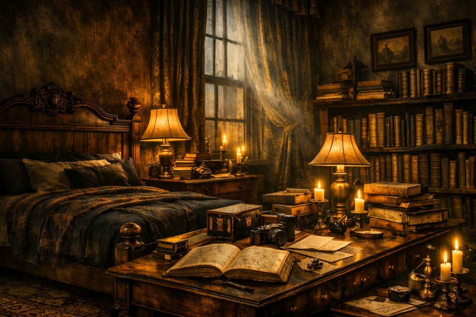 A dark academia mystery bedroom